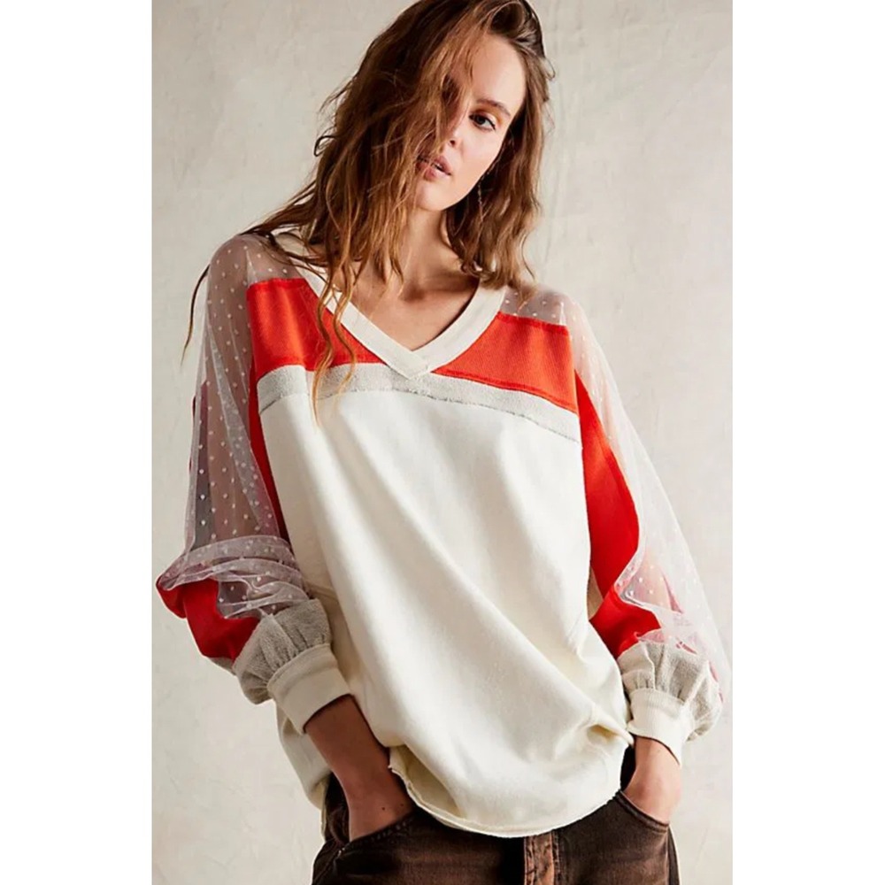 We The Free Roadside Tee Orange Cream Pullover Swiss Dot Mesh Balloon Sleeves
